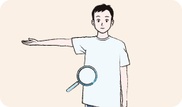 体を調べる虫眼鏡と調べられている男性のイラスト