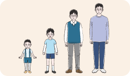 同じ人物の年齢の推移を表すため、幼稚園児、小学生、中学生、成人の男性が一列に並んでいるイラスト