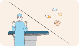 手術室でベッドの前で手術着を着ている医師と薬のイラスト