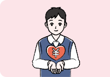 小学生の男の子が正面を向いて手のひらにお金のマークの付いたハートを持っている様子