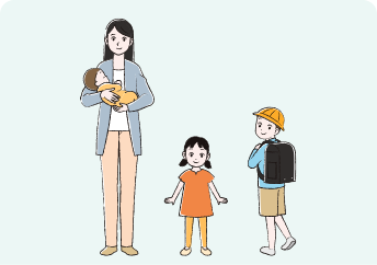 赤ちゃんを抱いた母親と園児の女の子、小学生の男の子
