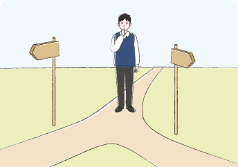 将来の進路をイメージした分岐路の前で迷っているNF1患者の男子中学生