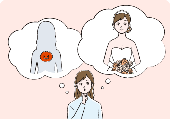 成人のNF1患者さんの女性が結婚や悪性腫瘍リスクについて想像しているイメージ