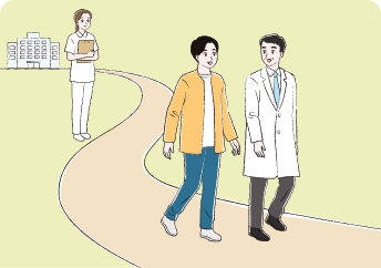 病院からNF1患者さんと寄り添って歩く医師とそれを見守る看護師の道程のイメージ