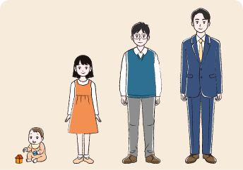 NF1患者さんの赤ちゃん、小学生、中学生、成人が横並び並んだイメージ