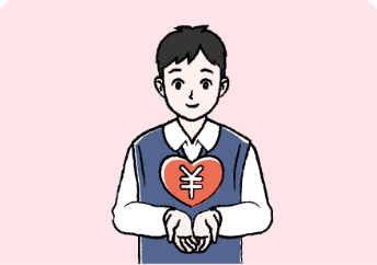 小学生の男の子が正面を向いて手のひらにお金のマークの付いたハートを持っている様子