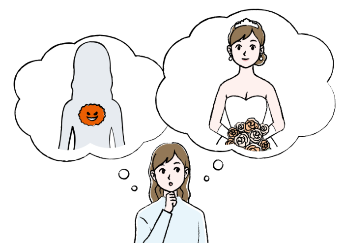 成人のNF1患者さんの女性が結婚や悪性腫瘍リスクについて想像しているイメージ