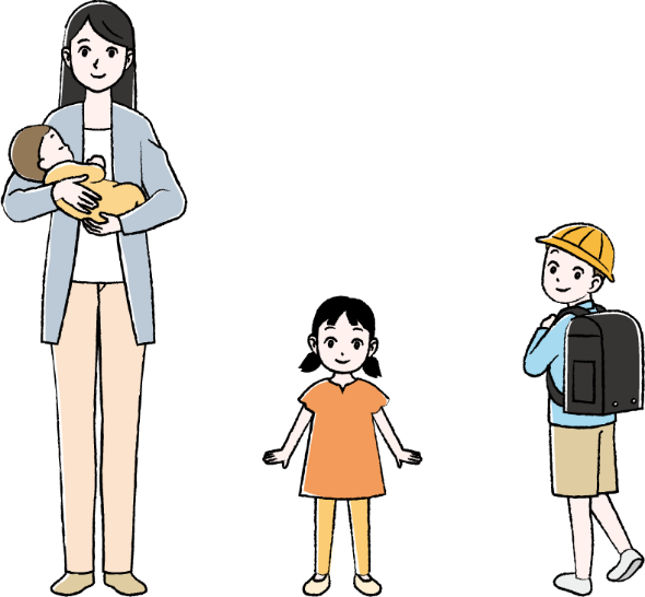 赤ちゃんを抱いた母親と園児の女の子、小学生の男の子