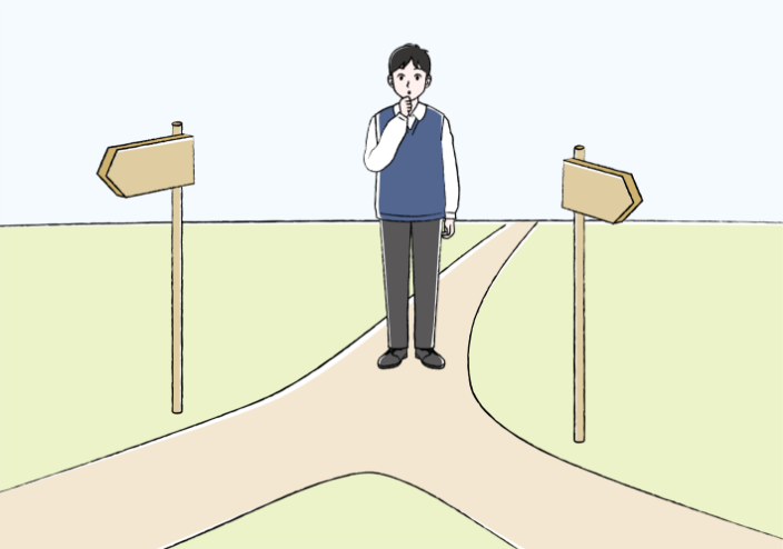 将来の進路をイメージした分岐路の前で迷っているNF1患者の男子中学生