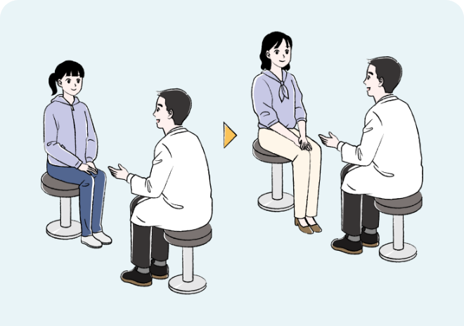中学生のNF1患者さんの女性が成人になっても定期受診を受けているシーン