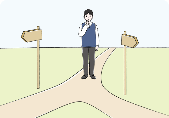 将来の進路をイメージした分岐路の前で迷っているNF1患者の男子中学生