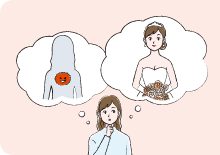 成人のNF1患者さんの女性が結婚や悪性腫瘍リスクについて想像しているシーン