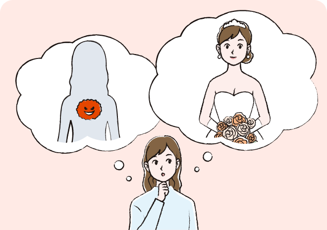 成人のNF1患者さんの女性が結婚や悪性腫瘍リスクについて想像しているシーン