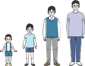 NF1患者さんの園児、小学生、中学生、成人が横並びに立っているシーン