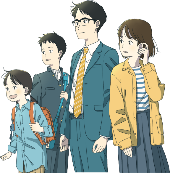 水平線の見える海を背景に、明るい表情で遠くを見つめるNF1患者男女4名のイラスト 20・30代のスーツを着た男性 20代の私服姿の女性 10代の学生服姿の男性 私服でランドセルを担いだ小学生女子