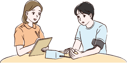 女性の看護師さんに血圧を測定してもらっている10〜20代男性イラスト
